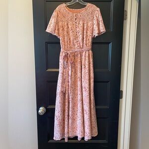 Downeast pink mauve floral smocked button down tie flutter sleeve dress sz small
